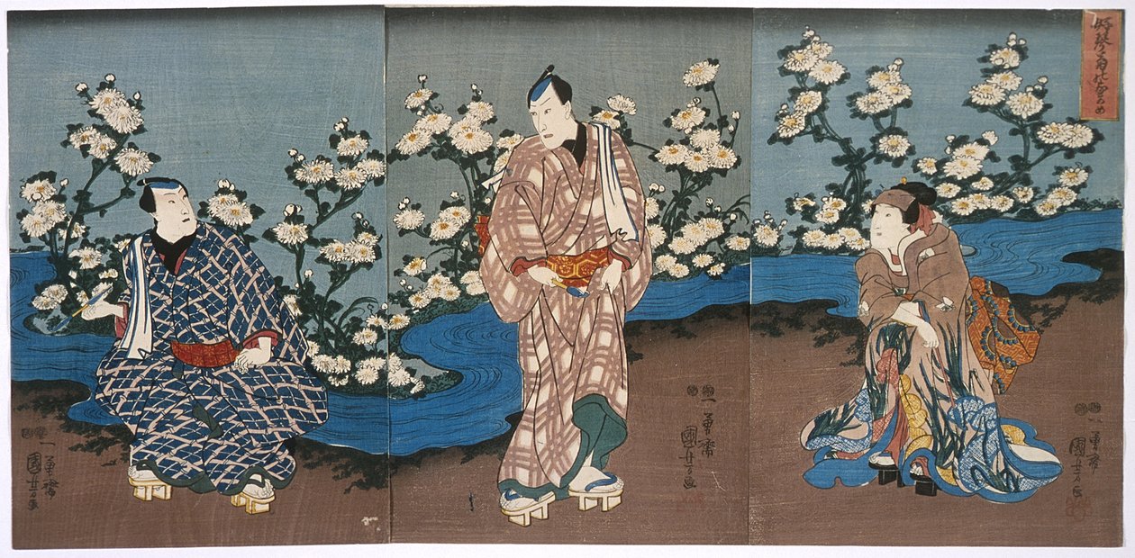 De acteur Onoe Kikugorō III bekijkt chrysanten en een beekje door Utagawa Kuniyoshi