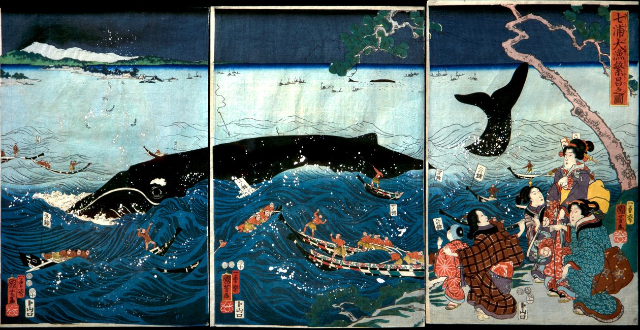 De bloei van zeven kusten met grote vissen (Nana ura tairyō hanjō no zu) door Utagawa Kuniyoshi