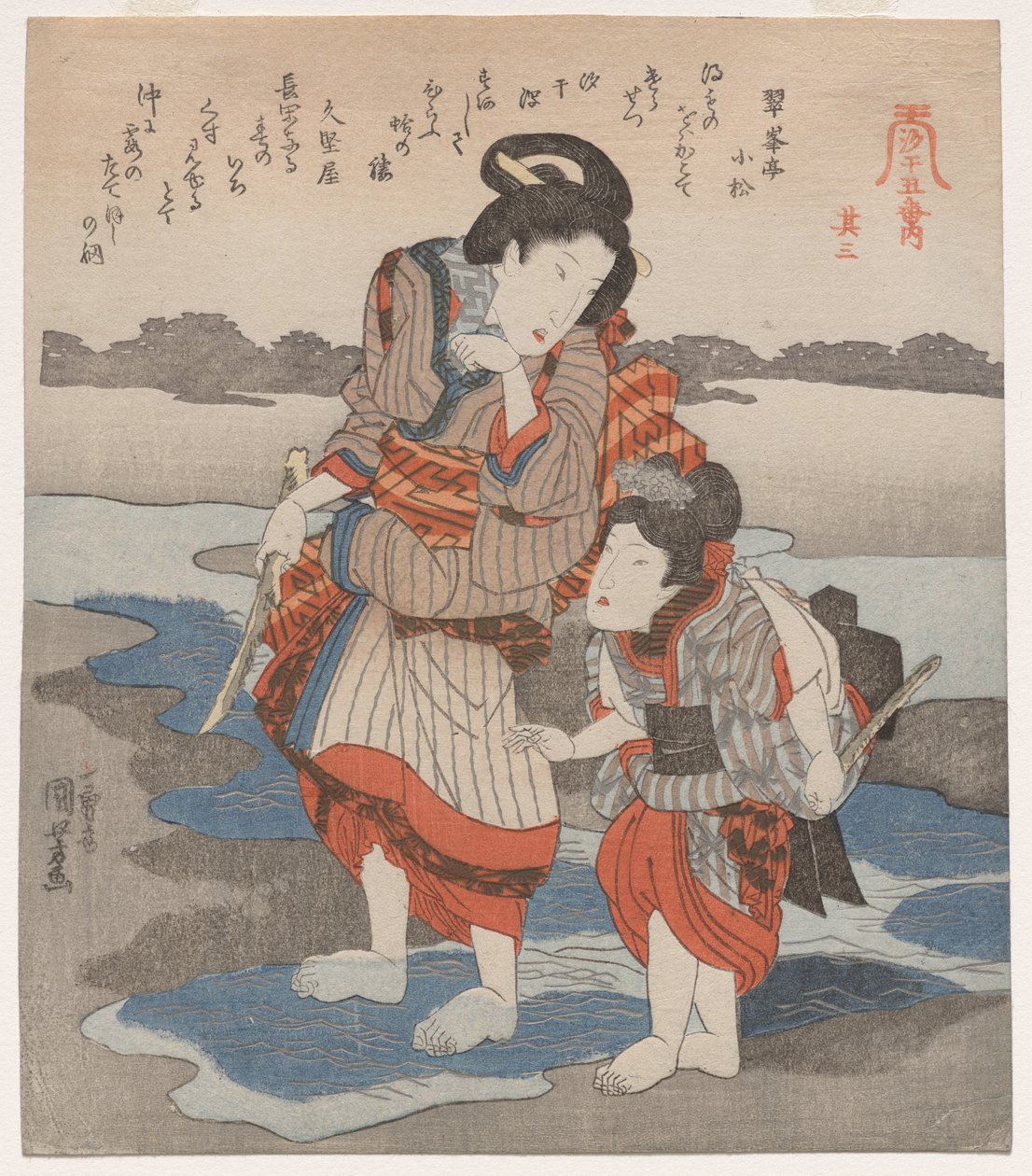 Vrouw en kind; uit de serie Vijf afbeeldingen van eb door Utagawa Kuniyoshi