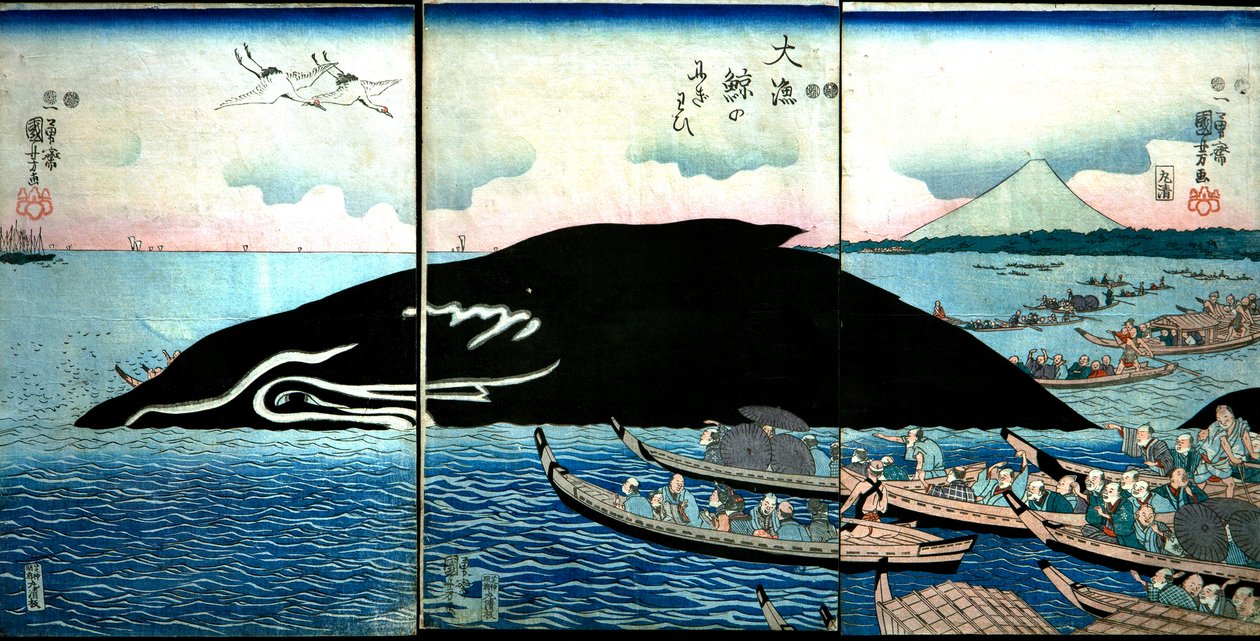 Massa mensen rond een gevangen walvis door Utagawa Kuniyoshi