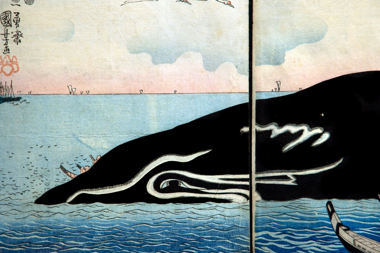 Mensenmassa rond een gevangen walvis door Utagawa Kuniyoshi