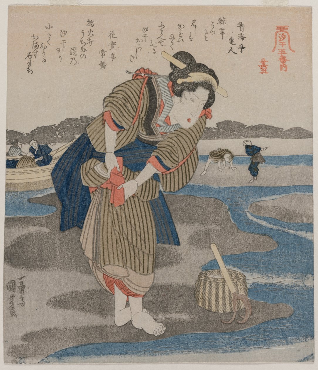 Vrouw die haar rokken vastmaakt; uit de serie Vijf afbeeldingen van eb door Utagawa Kuniyoshi