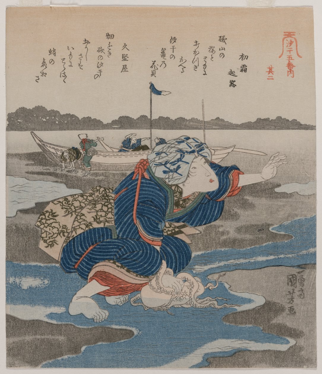 Vrouw met een octopus; uit de serie Vijf afbeeldingen van eb door Utagawa Kuniyoshi