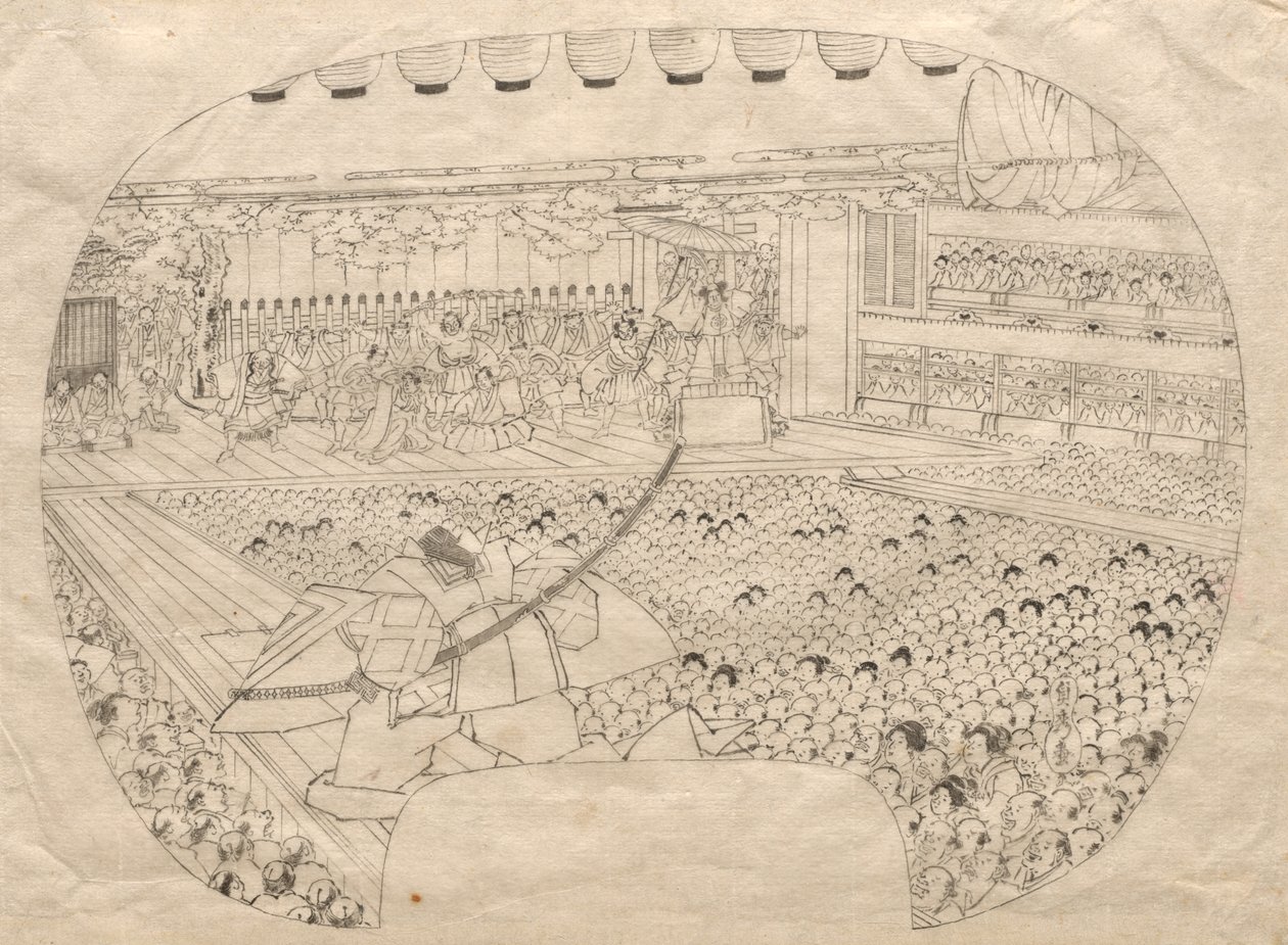 Ontwerp voor waaiervormige prent van Kabuki-theater door Utagawa Sadahide