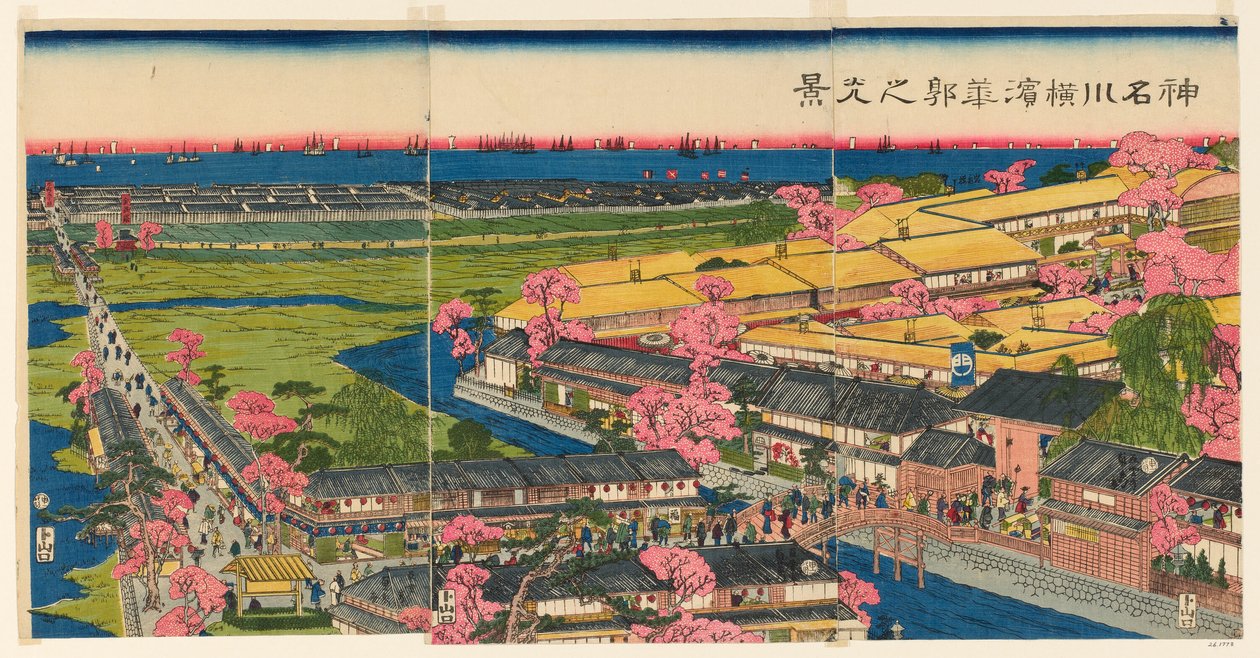 Panoramisch Uitzicht op de Plezierwijken in Yokohama, Kanagawa door Utagawa Sadahide