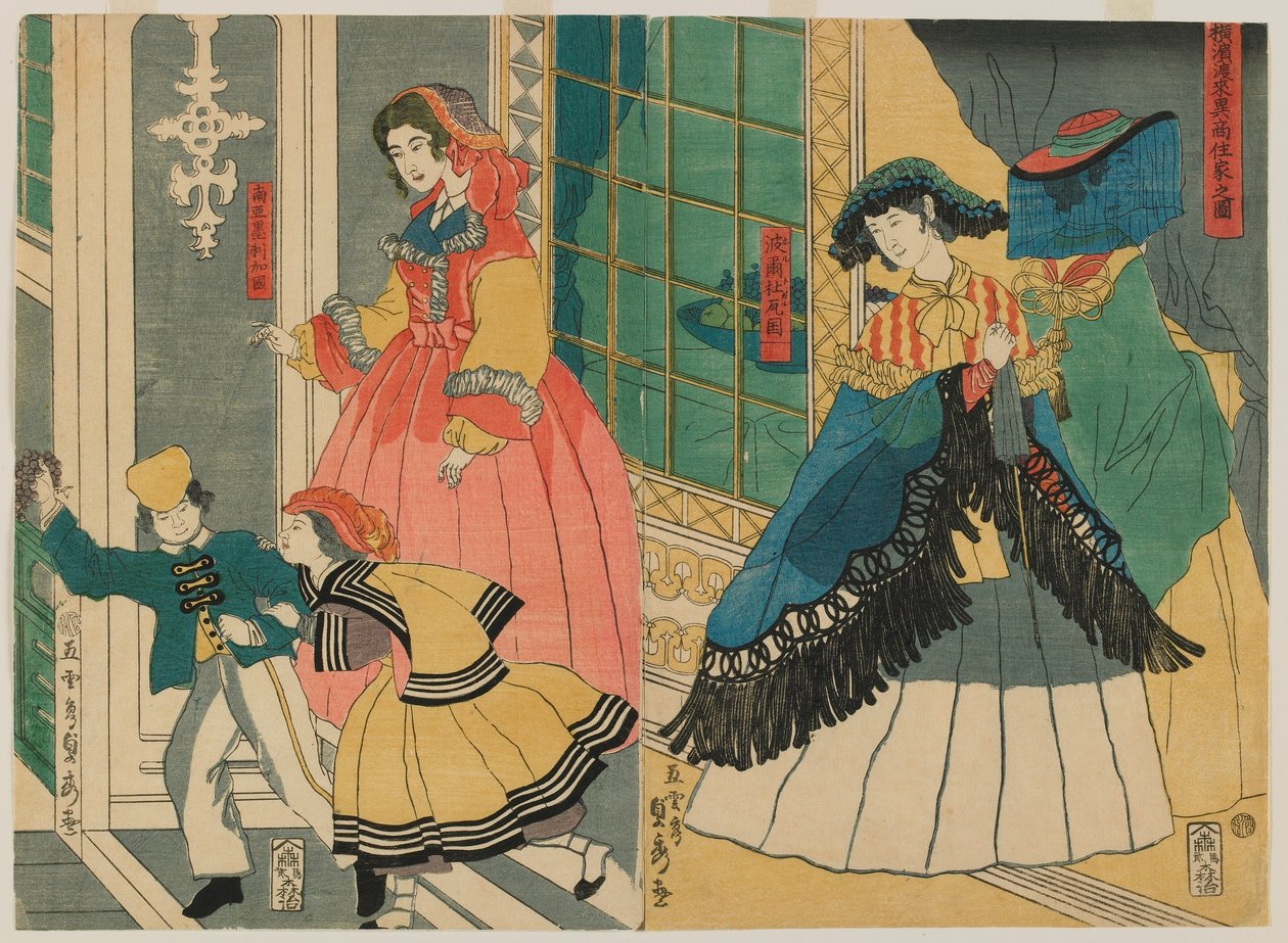 Afbeelding van de Residentie van een Buitenlandse Koopman uit Overzee: Portugal en Zuid-Amerika, Edo-periode, 1861 door Utagawa Sadahide