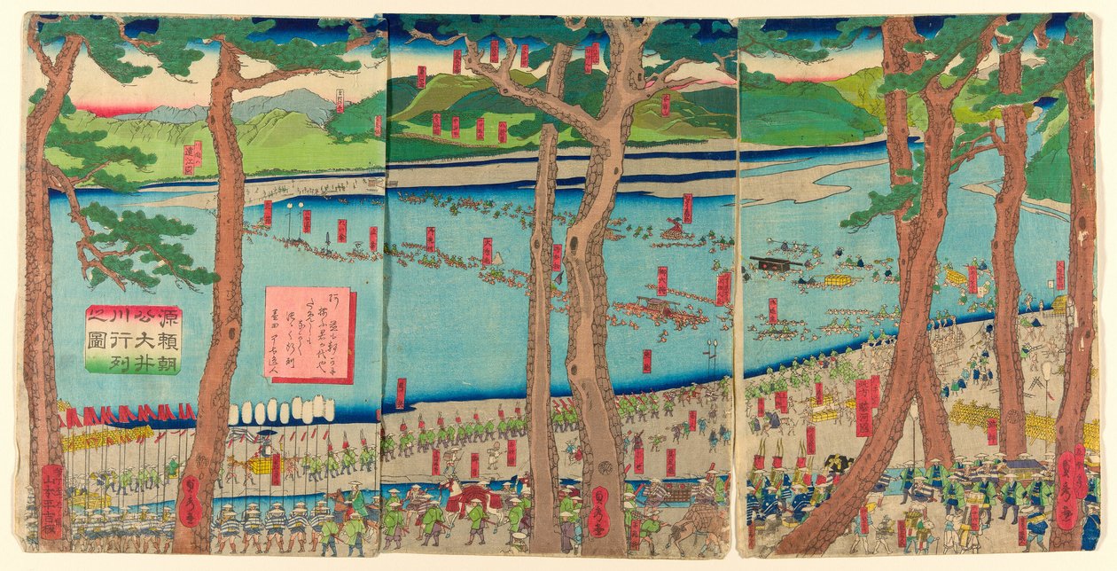 Processie van Minamoto no Yoritomo over de Oi-rivier (Minamoto Yoritomo ko Oikawa gyoretsu zu) door Utagawa Sadahide