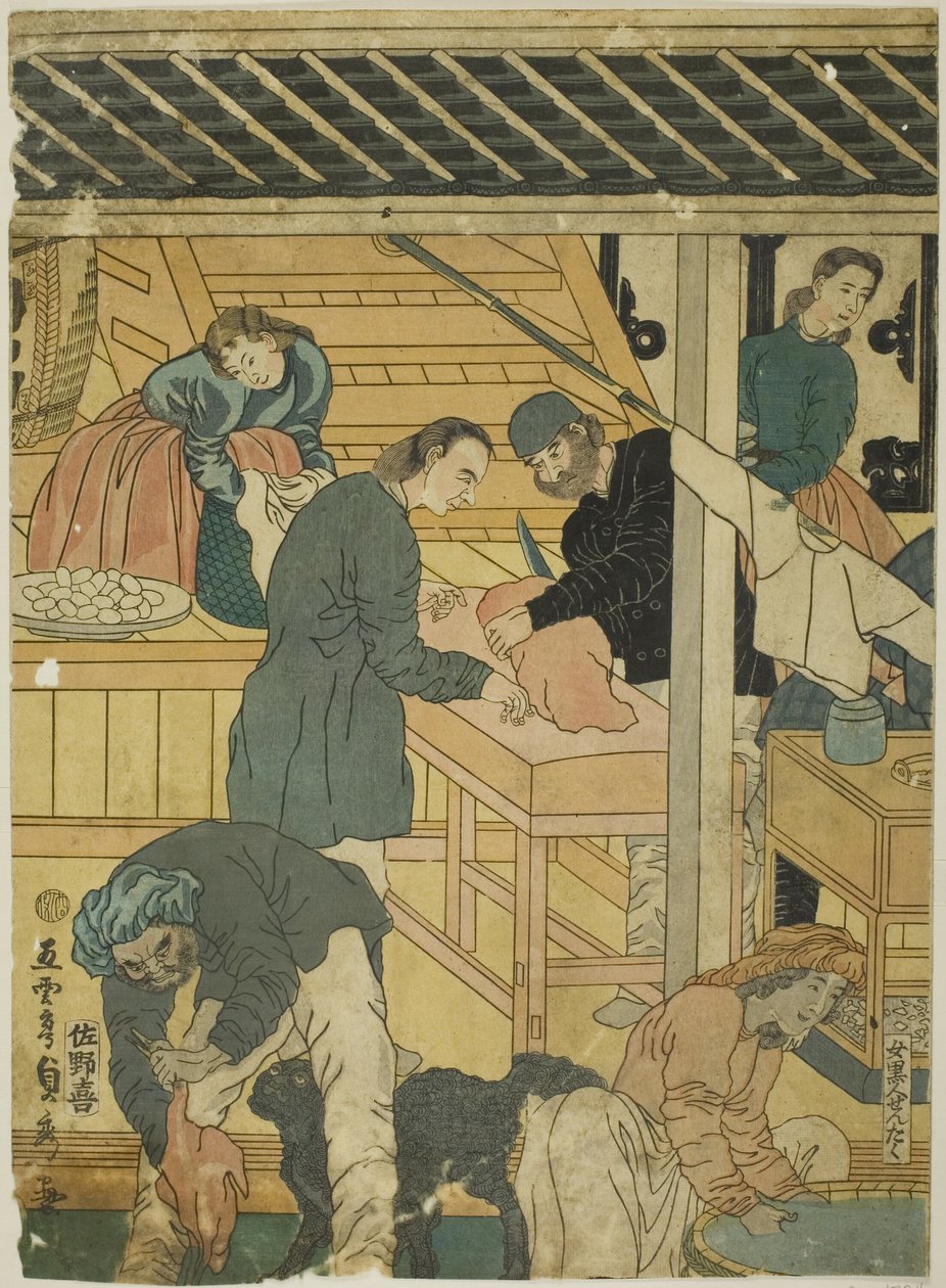 Verkoopruimte in een Buitenlandse Winkel in Yokohama (Yokohama ijin shokan uriba no zu) door Utagawa Sadahide