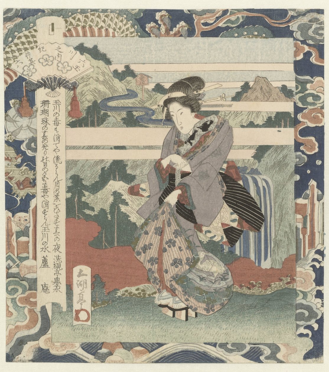 Vrouw op klif door Utagawa Sadakage