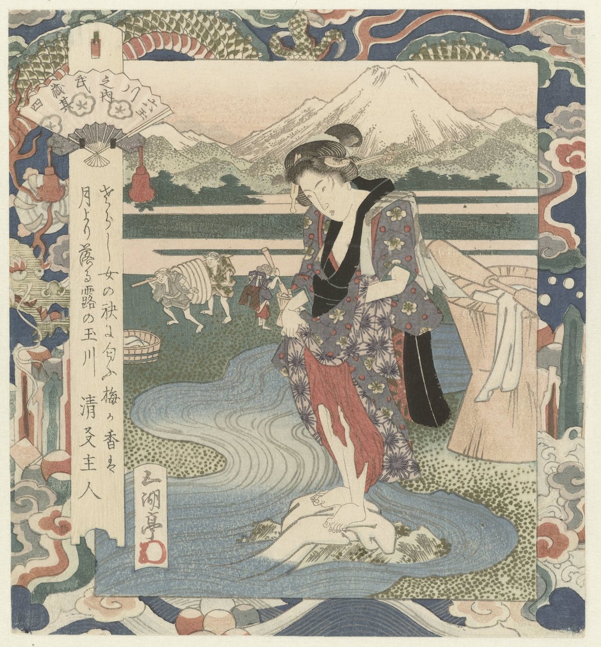 Vrouw wast kleding in de rivier door Utagawa Sadakage