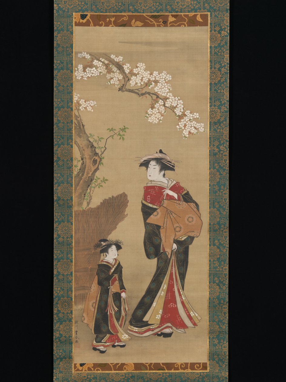 Courtisane en haar begeleidster onder een kersenboom door Utagawa Toyoharu