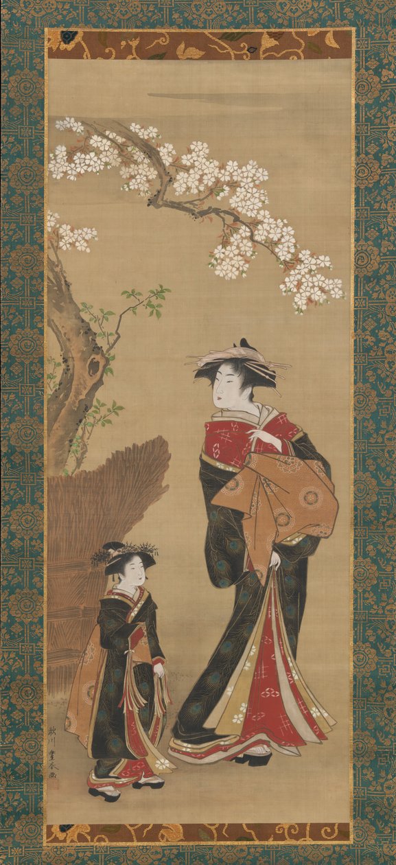Courtisane en haar bediende onder een kersenboom door Utagawa Toyoharu