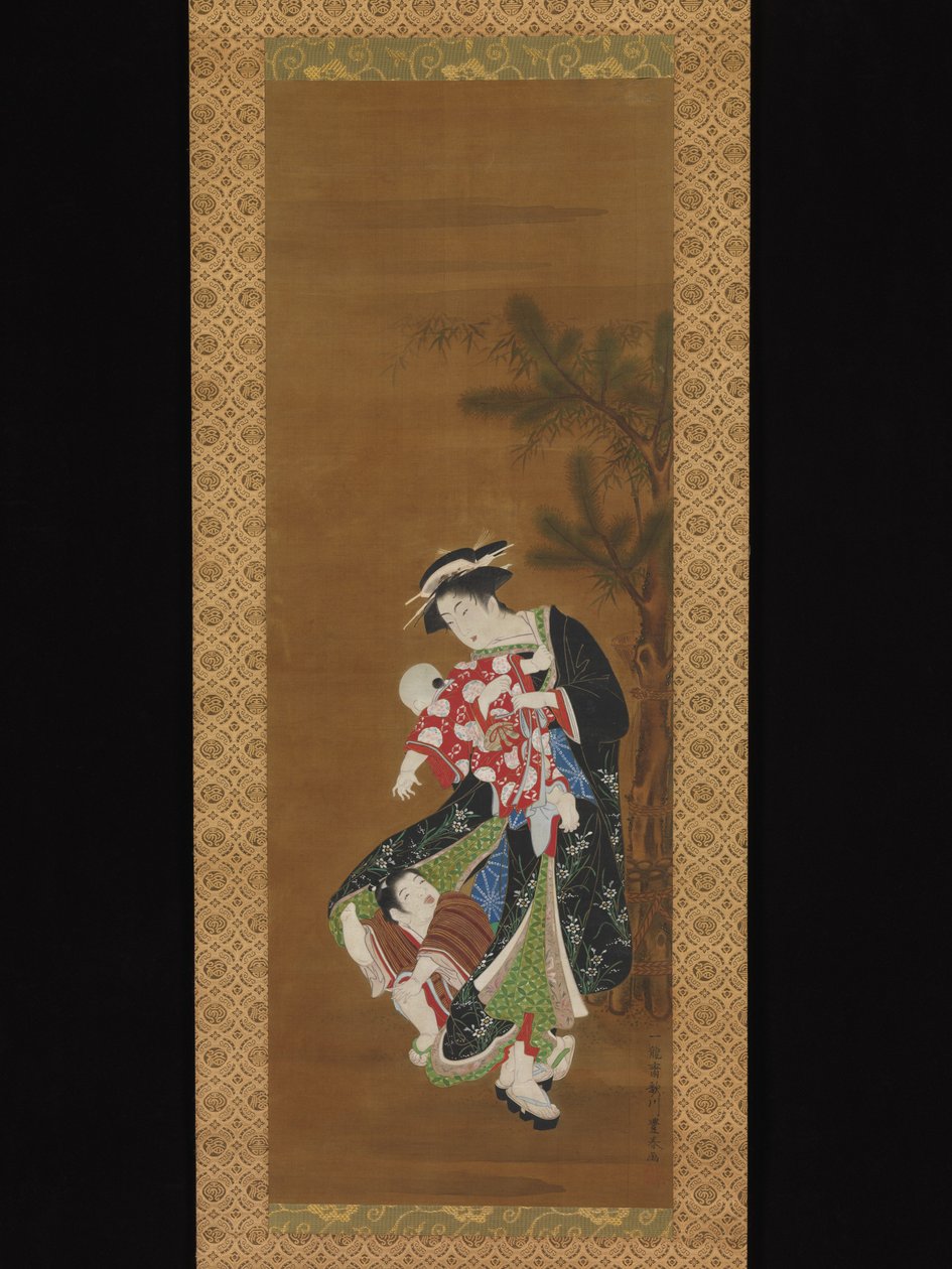 Mutter und Kinder zu Neujahr door Utagawa Toyoharu