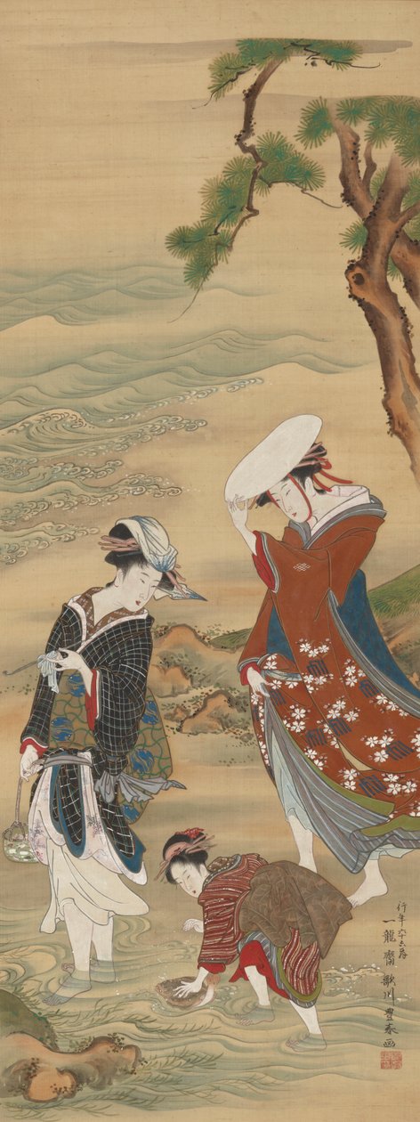Twee vrouwen en een meisje aan de kust door Utagawa Toyoharu
