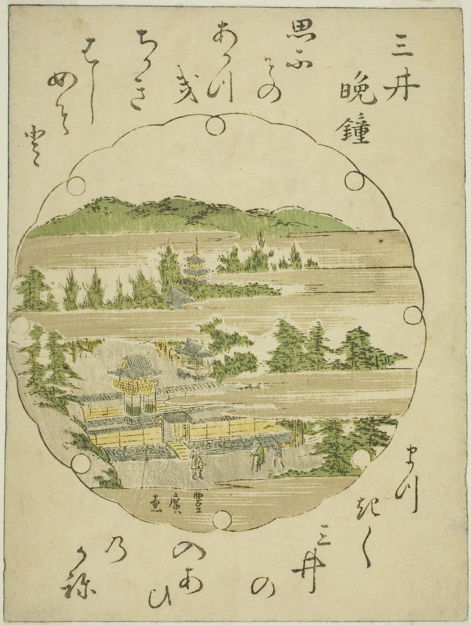 Avondklok bij de Mii Tempel, uit een ongetitelde serie van Acht Zichten van Omi door Utagawa Toyohiro