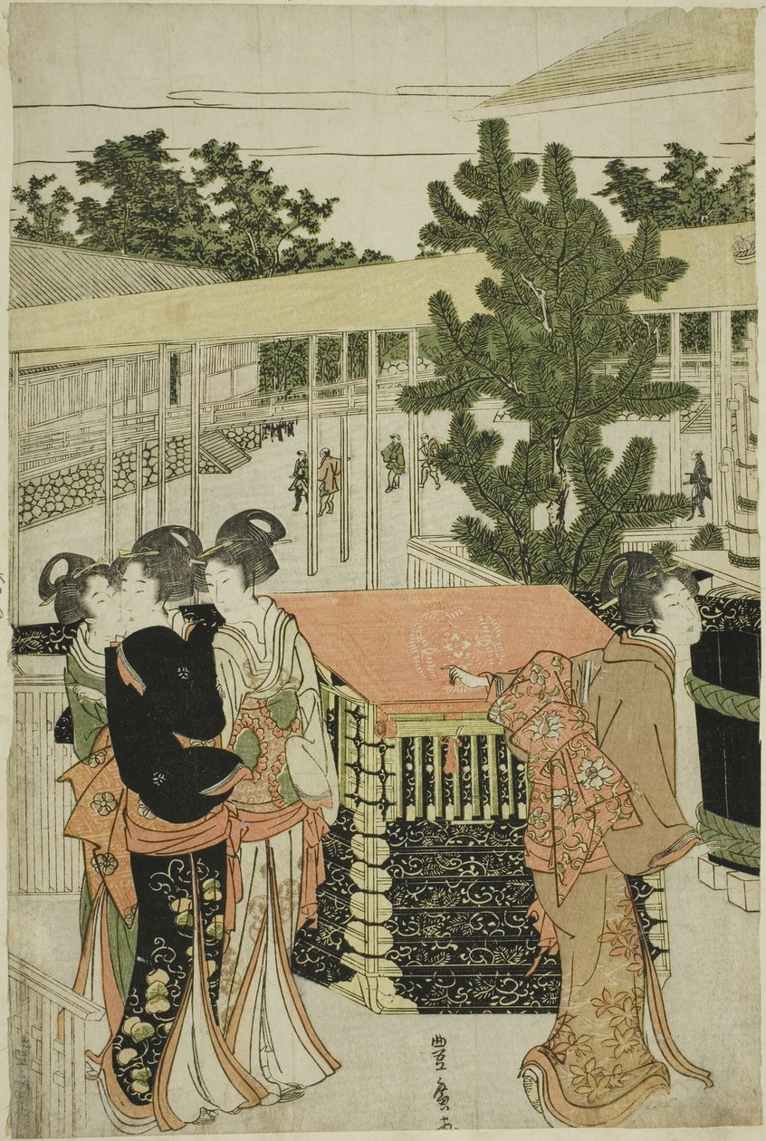 Nieuwjaarsbedevaart naar de Myohoji-tempel in Horinouchi (Horinouchi Myohoji eho mairi no zu) door Utagawa Toyohiro