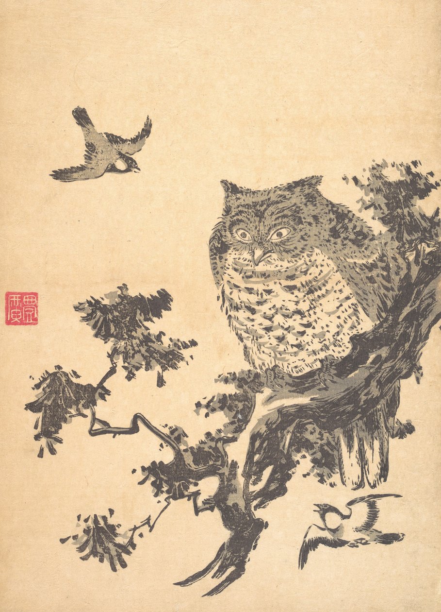 Uil en twee zwaluwen door Utagawa Toyohiro
