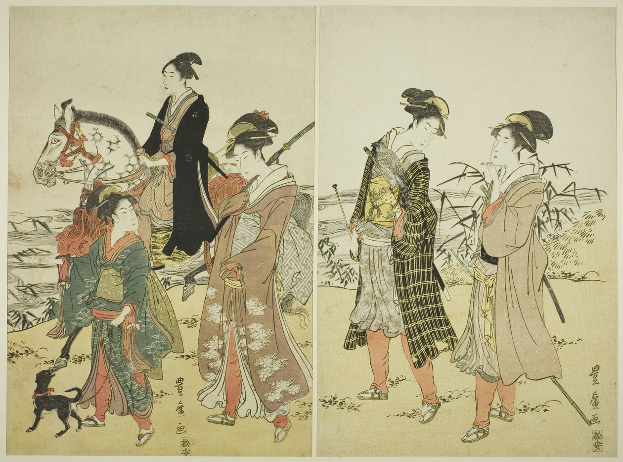 Gezelschap van valkeniers bij rivier door Utagawa Toyohiro