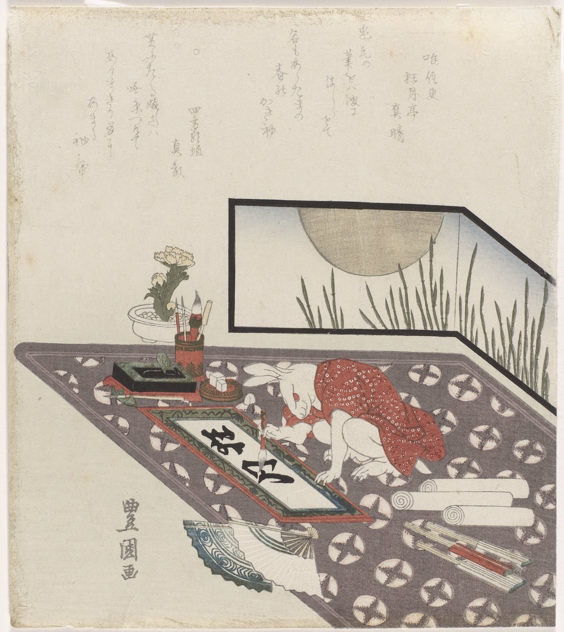Haas die een nieuwjaarswens voor het jaar van de Haas (1819) kalligrafeert door Utagawa Toyokuni (I)