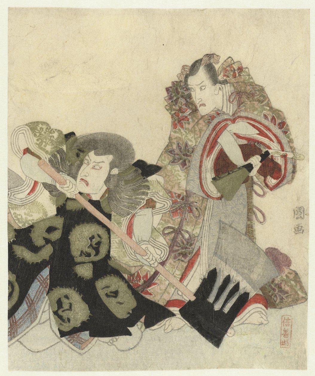 Ichikawa Danjûrô VII als Yoshimune no Munesada met waaier en Ichikawa Omezô in de rol van Sekibei met bijl door Utagawa Toyokuni (I)