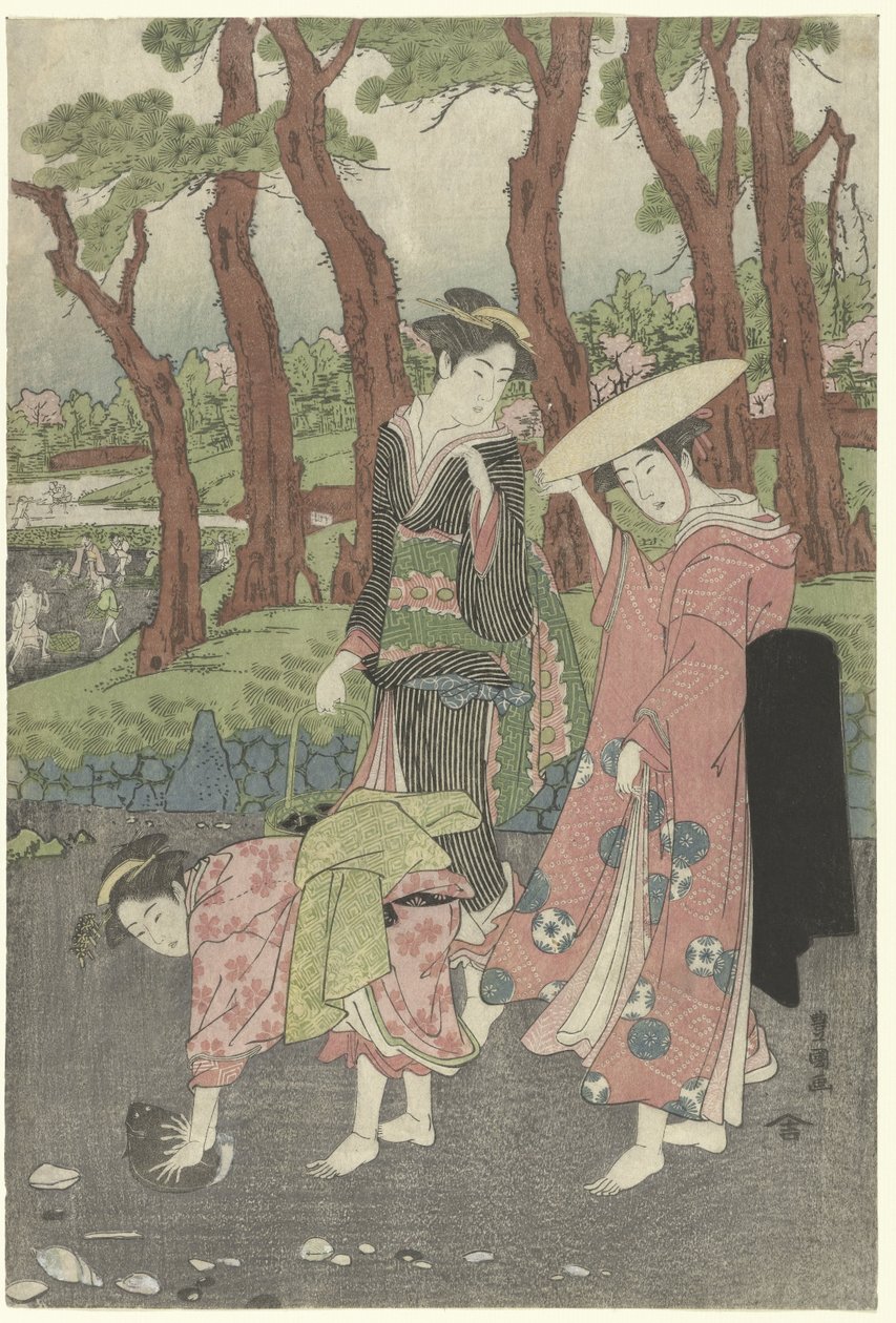 Vissen en schelpen verzamelen bij laag water door Utagawa Toyokuni (I)