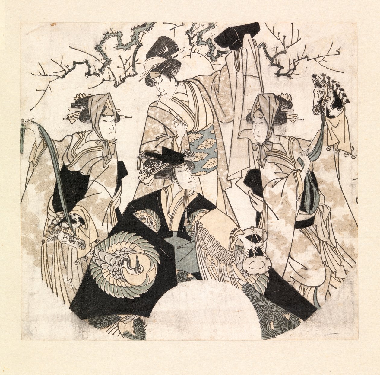 Acteurs die een toneeldans van de vier Onnagatas uitvoeren, ca. 1800-05 door Utagawa Toyokuni