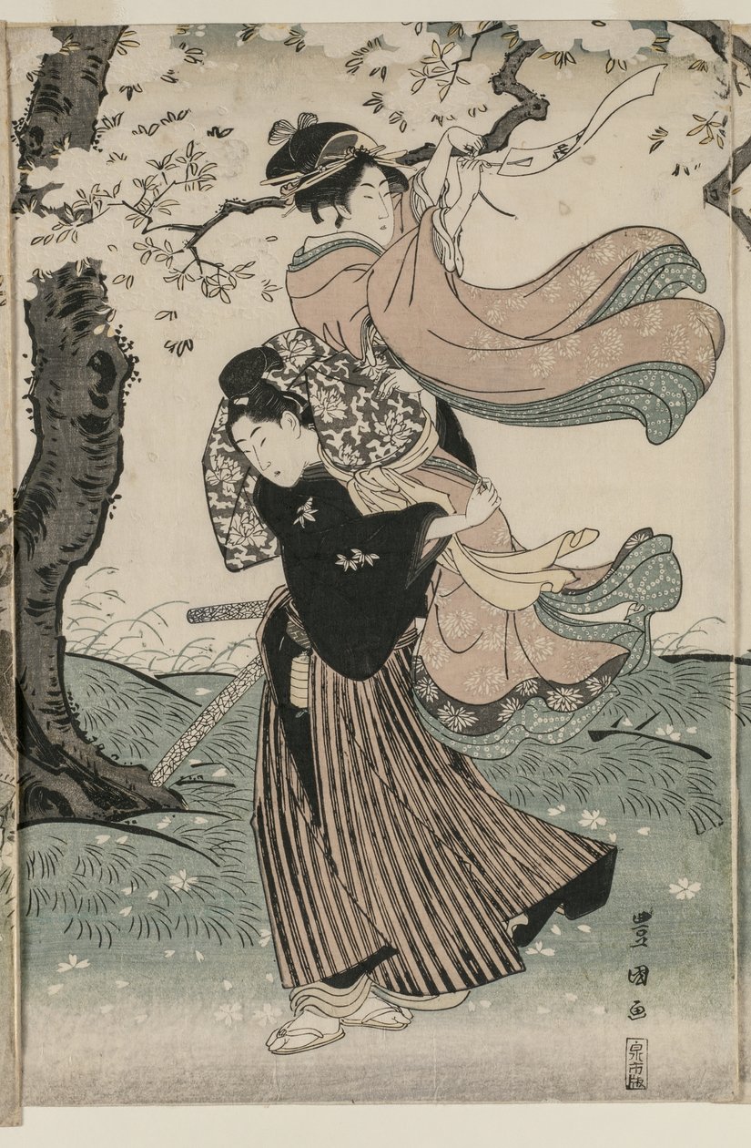 Kersenbloesem in de wind door Utagawa Toyokuni