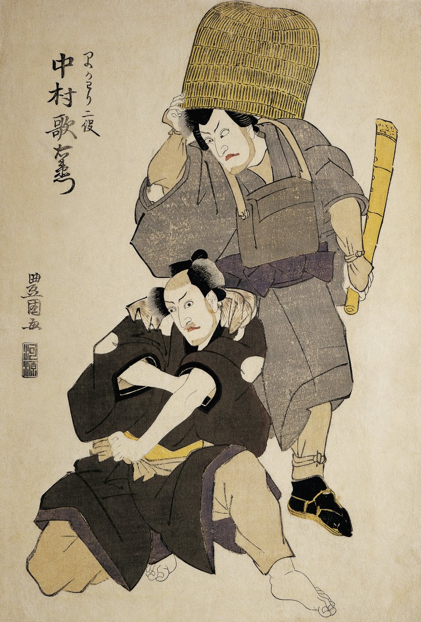 Close-up van twee Kabuki-acteurs tijdens een optreden door Utagawa Toyokuni