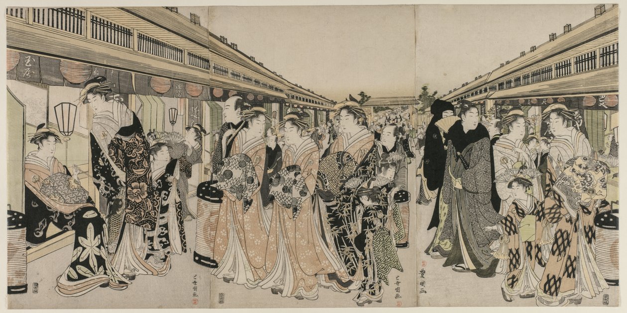 Courtisanes wandelen op de Nakanochō door Utagawa Toyokuni