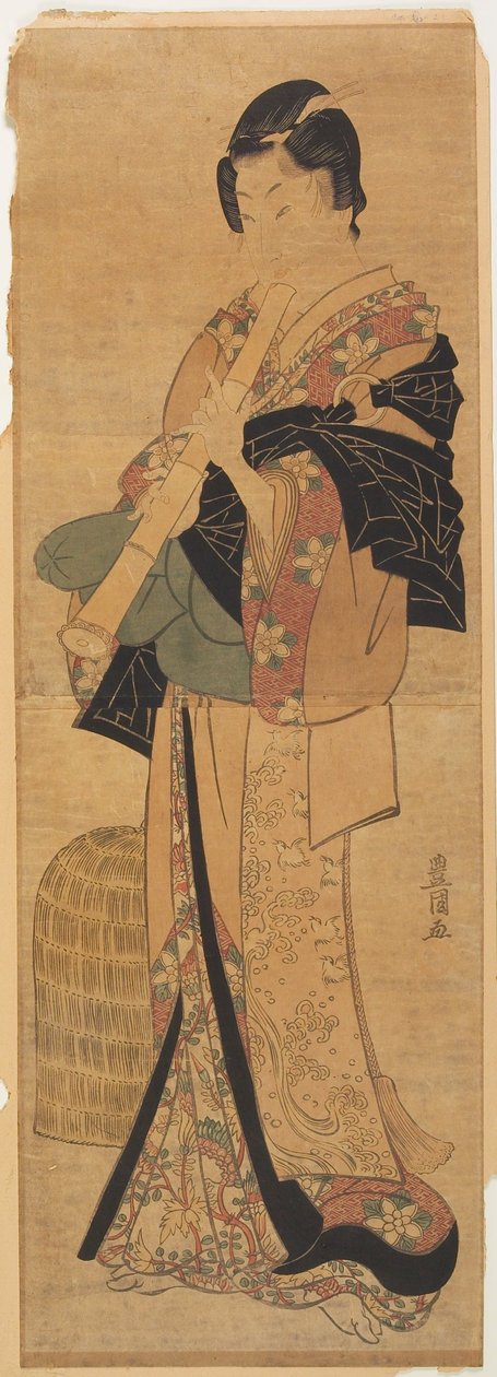 Wakashu verkleidet als bettelnder Priester, der Flöte spielt door Utagawa Toyokuni
