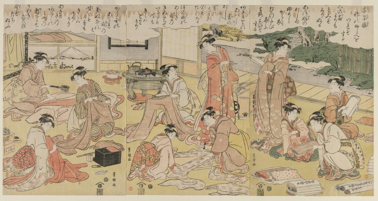 Vrouwen die kleding maken, vroege jaren 1790 door Utagawa Toyokuni