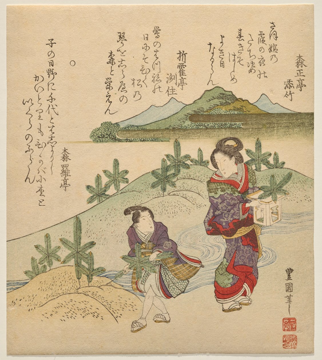 Jong paar verzamelt Nieuwjaar door Utagawa Toyokuni II