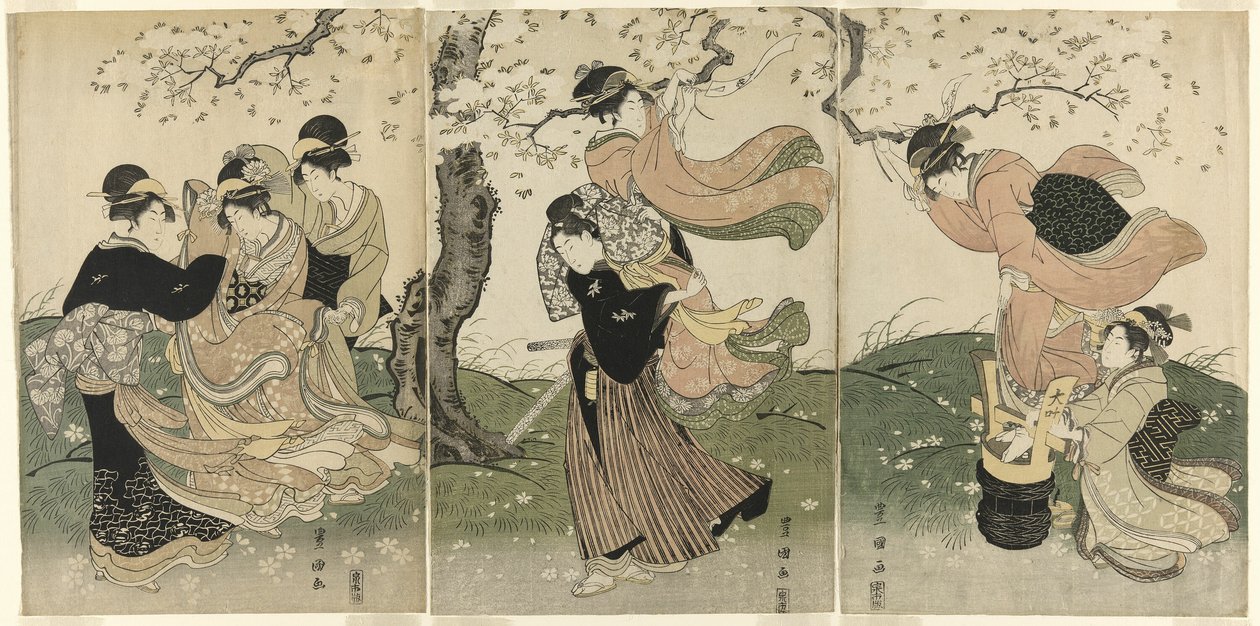 Een winderige dag onder de kersenbomen door Utagawa Toyokuni I