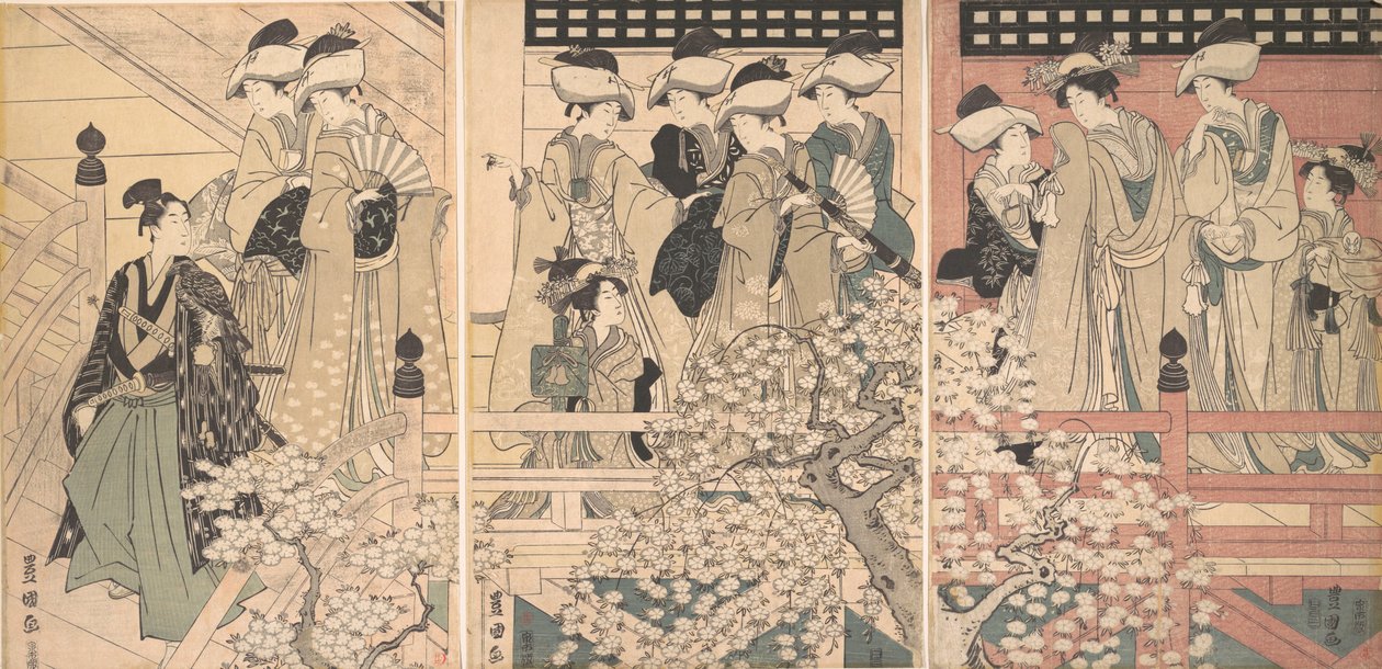 Schoonheden op een veranda tussen kersenbloesems vanwaar een samoerai vertrekt, ca. 1800 door Utagawa Toyokuni I