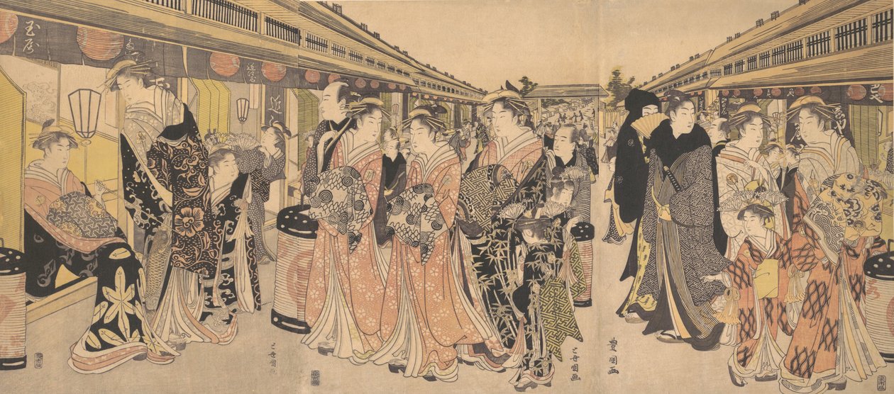 Courtisanes wandelen op de Nakanocho in Yoshiwara door Utagawa Toyokuni I