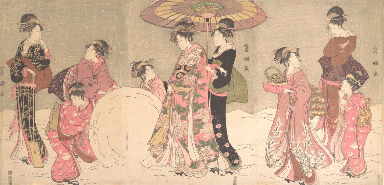 Courtisanes en Bedienden Maken een Reusachtige Sneeuwbal, ca. 1796 door Utagawa Toyokuni I