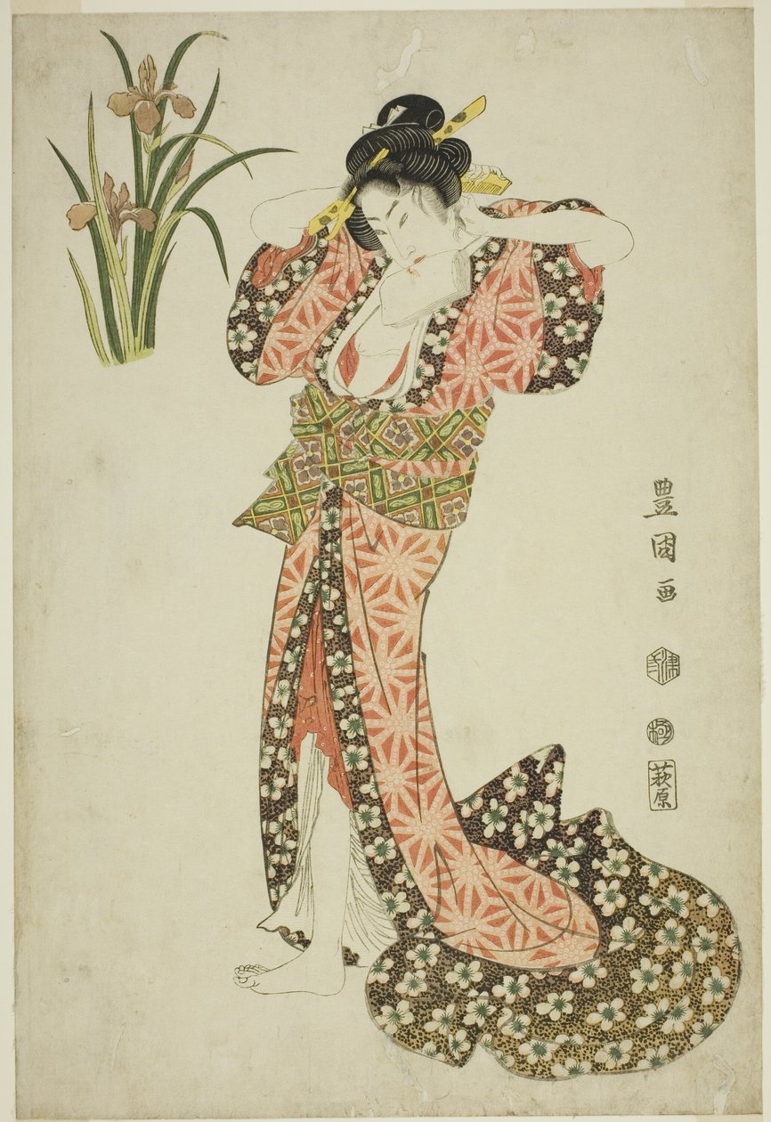 Irissen: schoonheid die haar haar arrangeert, uit een ongetitelde serie schoonheden en bloemen door Utagawa Toyokuni I