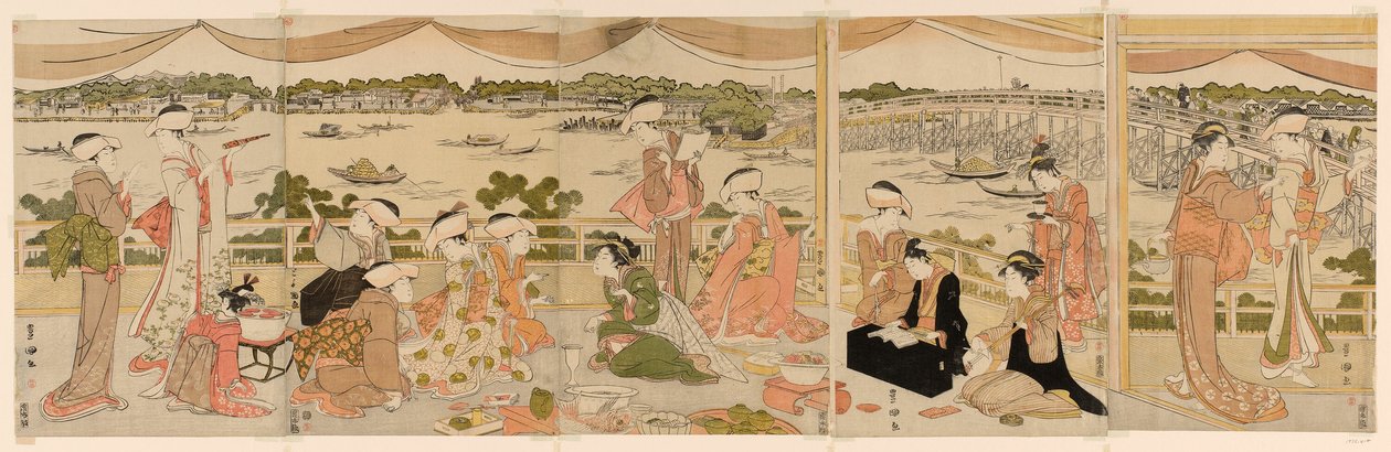Recital op een veranda met uitzicht op de Sumida-rivier door Utagawa Toyokuni I