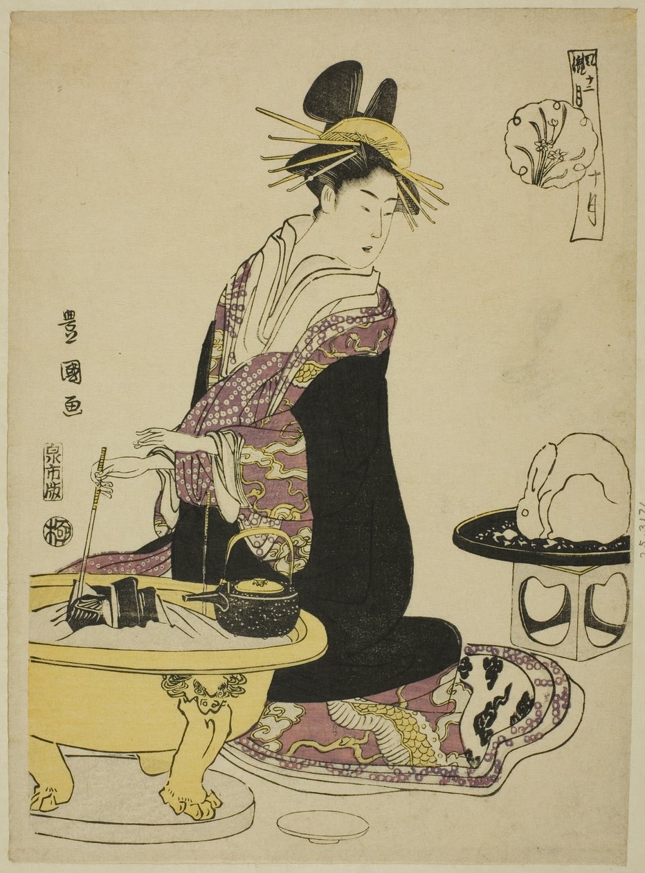 De tiende maand (Ju gatsu), uit de serie "Modieuze twaalf maanden (Furyu junikagetsu)" door Utagawa Toyokuni I