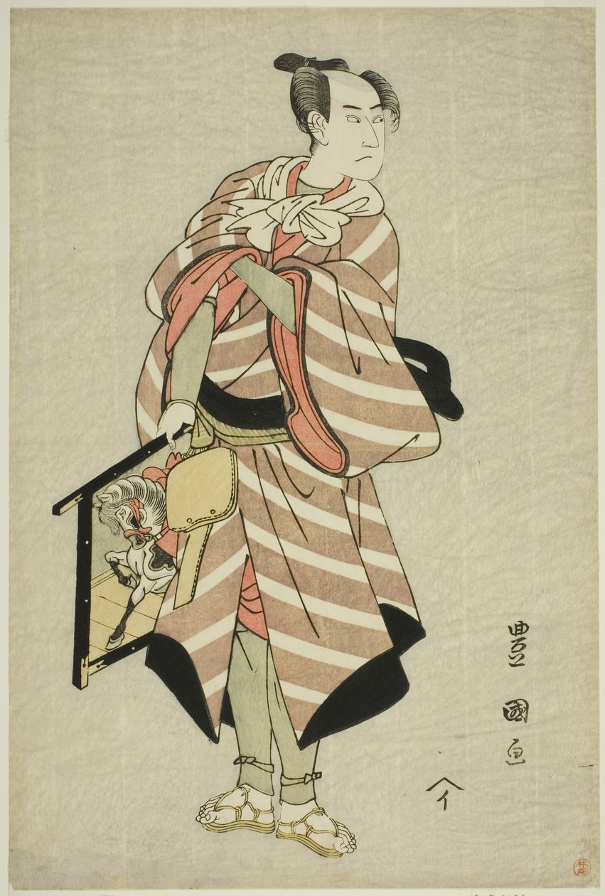 De acteur Sawamura Sojuro III als de pakpaard-man Muchizo in het stuk "Miyamairi Musubi no Kamigaki," uitgevoerd in het Kiri Theater in de elfde maand, 1797 door Utagawa Toyokuni I