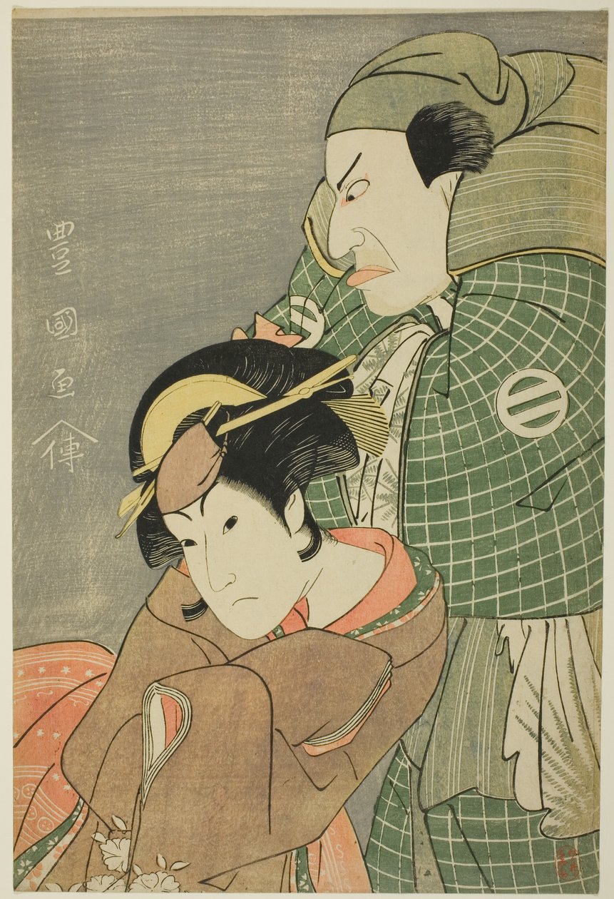 De acteurs Kataoka Nizaemon VII als Iyo no Taro en Iwai Hanshiro IV als Kojoro-gitsune van Okazaki in het stuk "Seiwa Nidai Oyose Genji," uitgevoerd in het Miyako Theater in de elfde maand, 1796 door Utagawa Toyokuni I