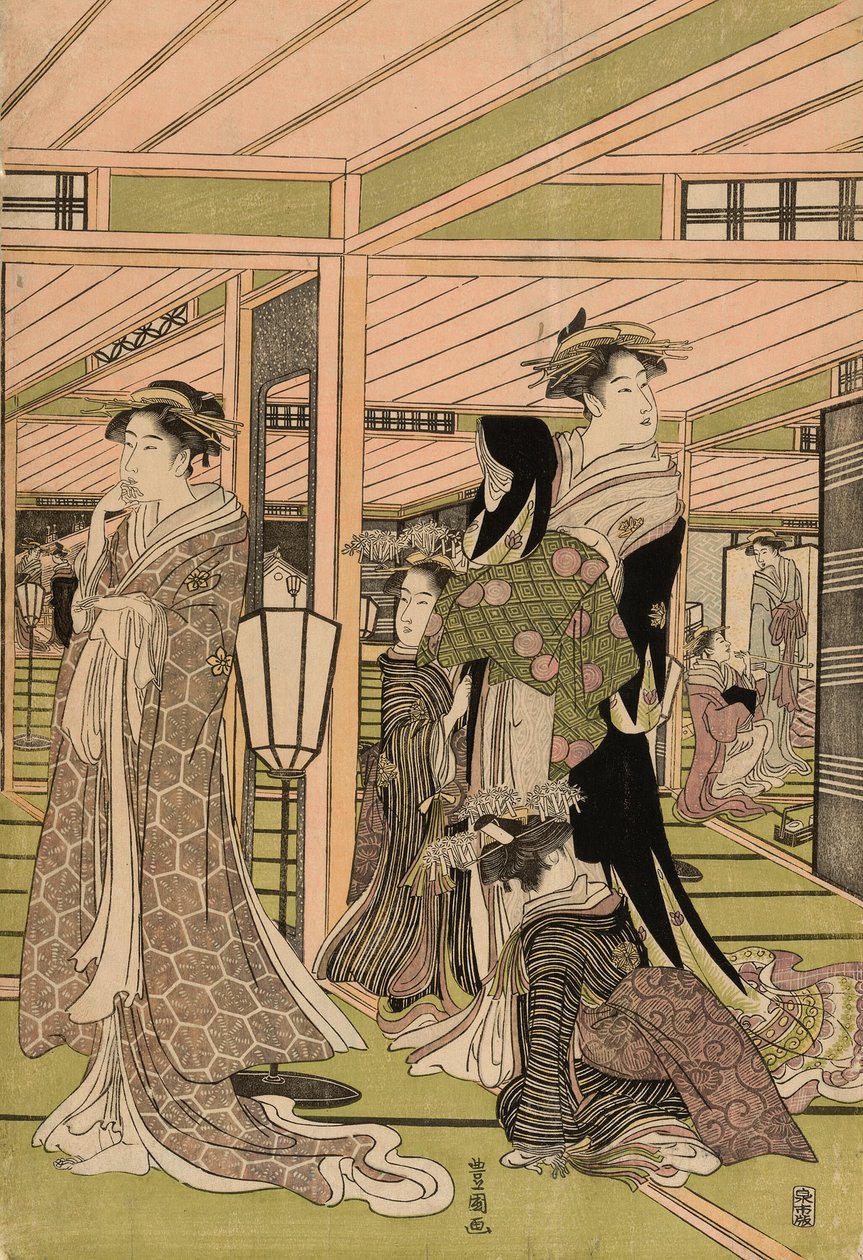 De salon van een bordeel in de plezierwijken door Utagawa Toyokuni I