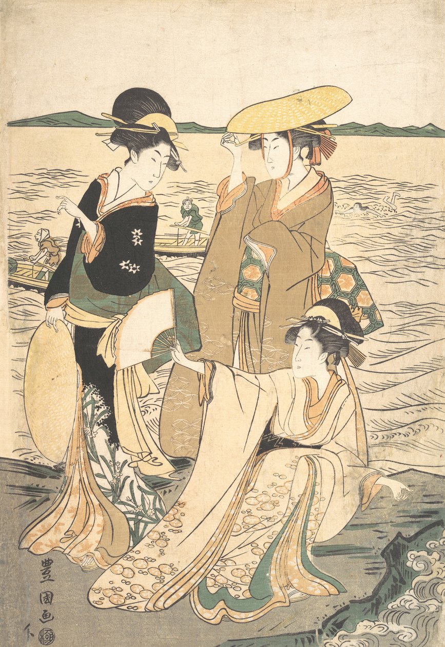 Drie jonge dames aan de kust door Utagawa Toyokuni I