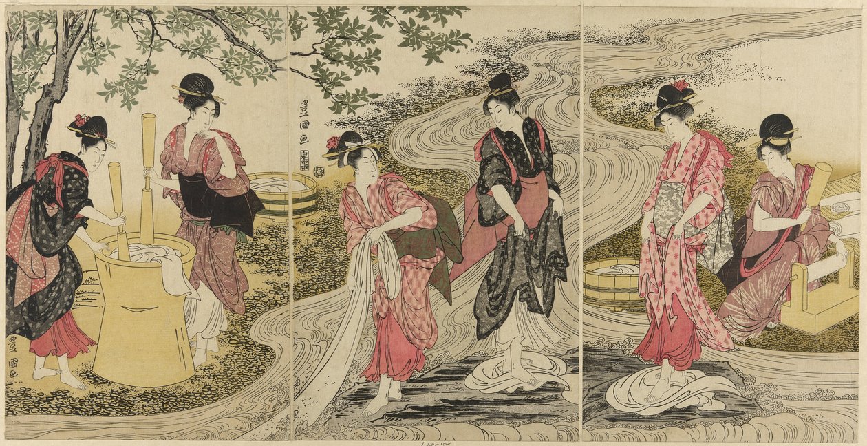 Kleding wassen in een stroom door Utagawa Toyokuni I