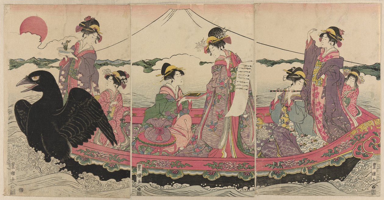 Vrouwen op een Boot tijdens Nieuwjaar die de Zeven Goden van Geluk Nabootsen door Utagawa Toyokuni I