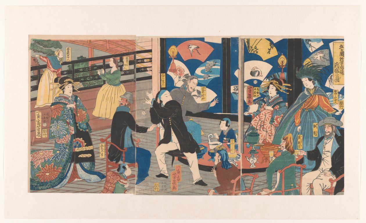 Buitenlanders tijdens een drinkgelag in het Gankiro theehuis door Utagawa Yoshiiku