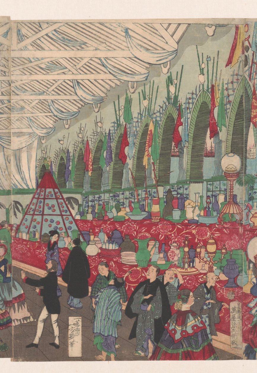 Een florerend Engels handelshuis in Yokohama door Utagawa Yoshiiku