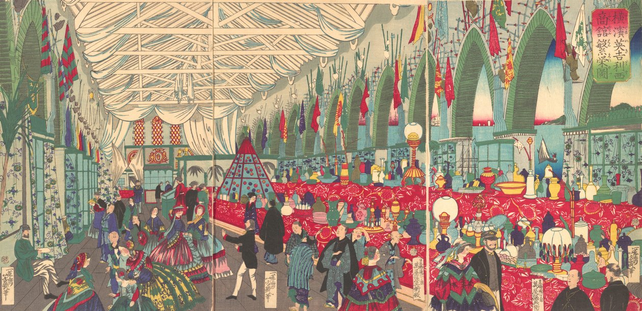 De Bloei van een Engels Handelsbedrijf in Yokohama, 9e maand, 1870 door Utagawa Yoshiiku