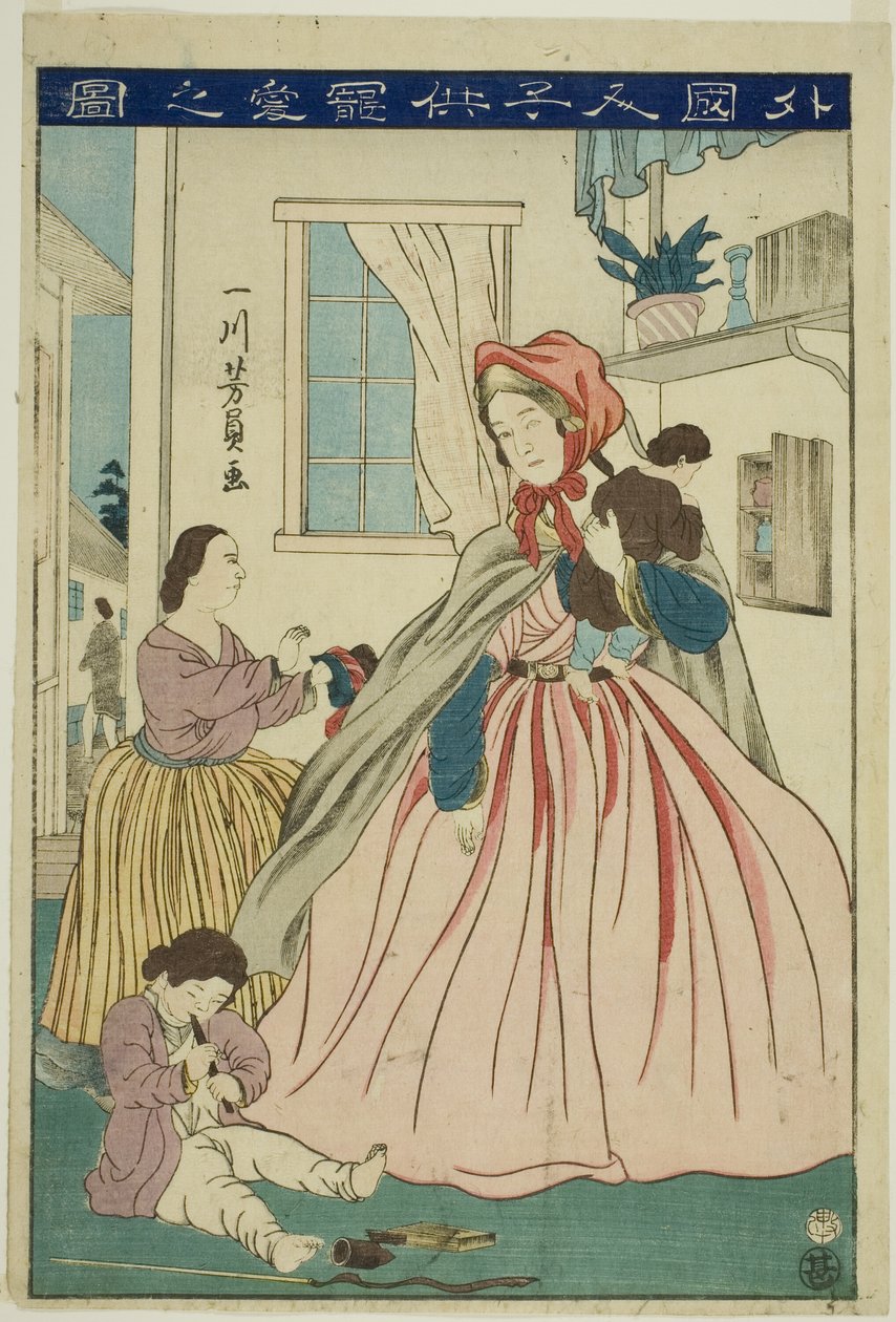 Buitenlander die voor Haar Kinderen Zorgt (Gaikokujin kodomo choai no zu) door Utagawa Yoshikazu