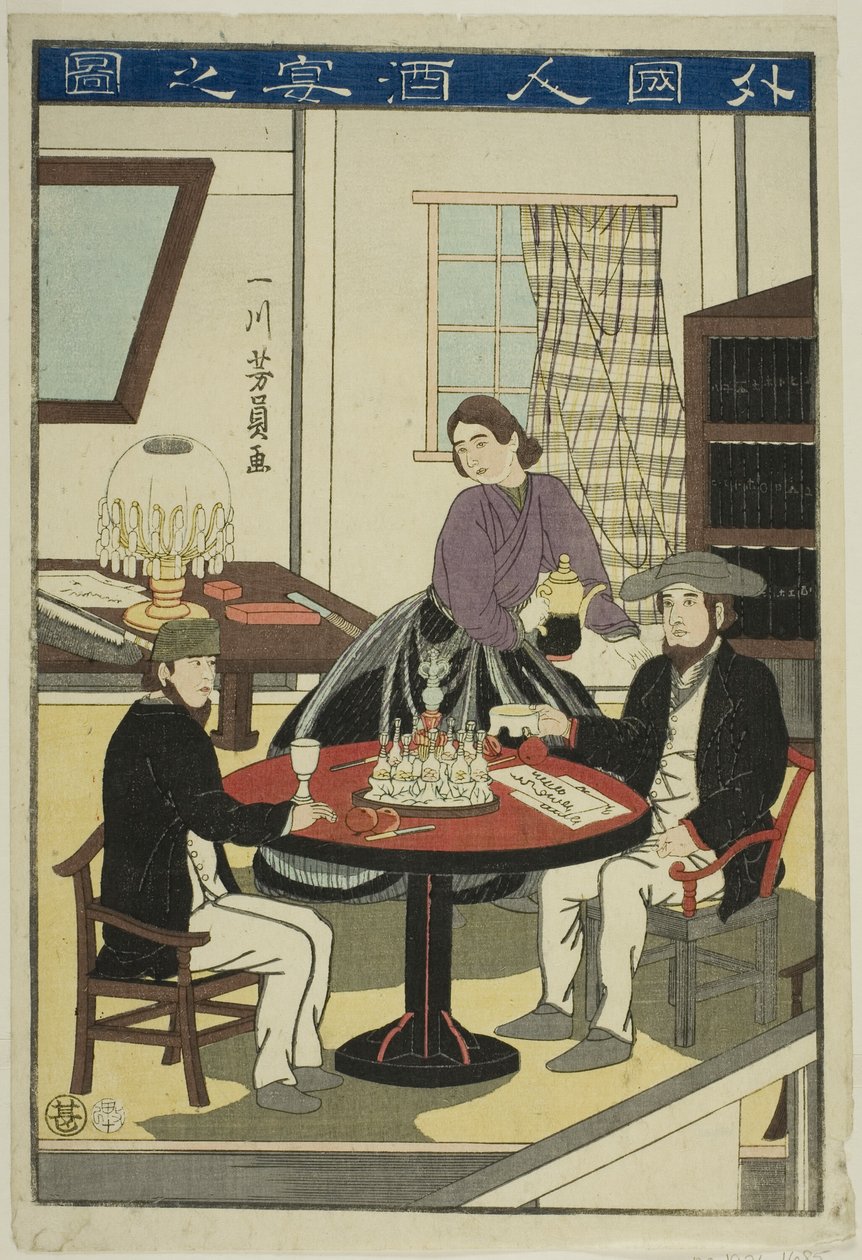 Buitenlanders die wijn drinken (Gaikokujin shuen no zu) door Utagawa Yoshikazu